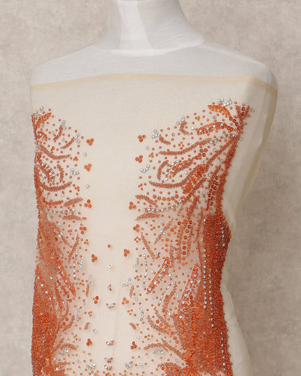 Ivory Net Fabric with Orange and Silver Sequin Embroidery – 140 cm Width-D23510