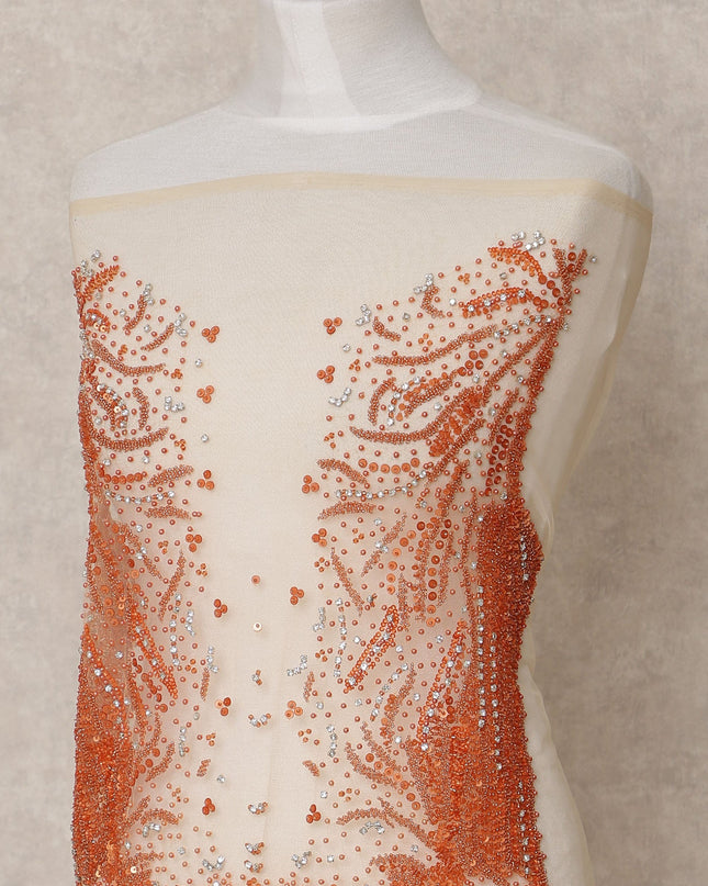Ivory Net Fabric with Orange and Silver Sequin Embroidery – 140 cm Width-D23510