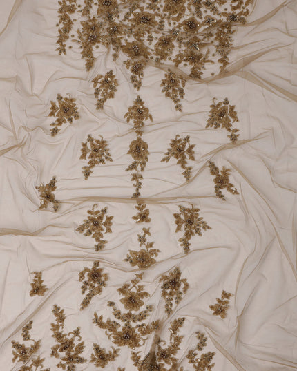 Ivory Nylon Tulle with Antique Gold Floral Embroidery, 140 cm Width, Made in India-D23511