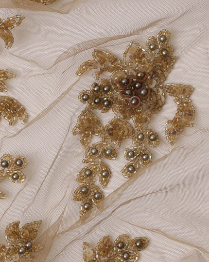 Ivory Nylon Tulle with Antique Gold Floral Embroidery, 140 cm Width, Made in India-D23511