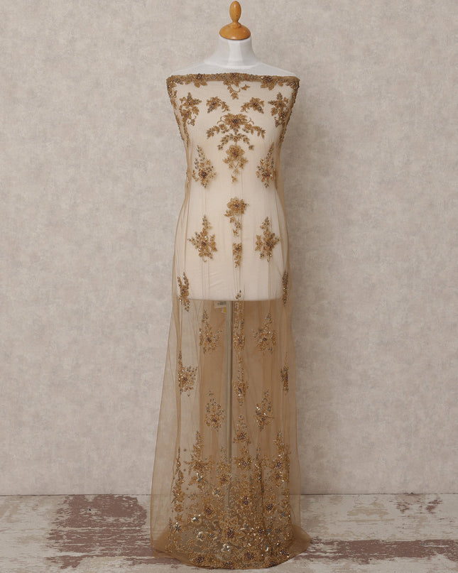 Ivory Nylon Tulle with Antique Gold Floral Embroidery, 140 cm Width, Made in India-D23511