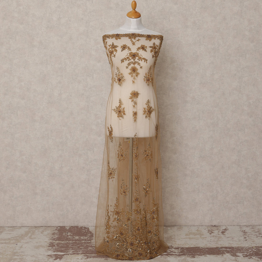 Ivory Nylon Tulle with Antique Gold Floral Embroidery, 140 cm Width, Made in India-D23511