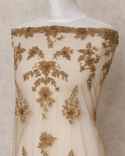 Ivory Nylon Tulle with Antique Gold Floral Embroidery, 140 cm Width, Made in India-D23511
