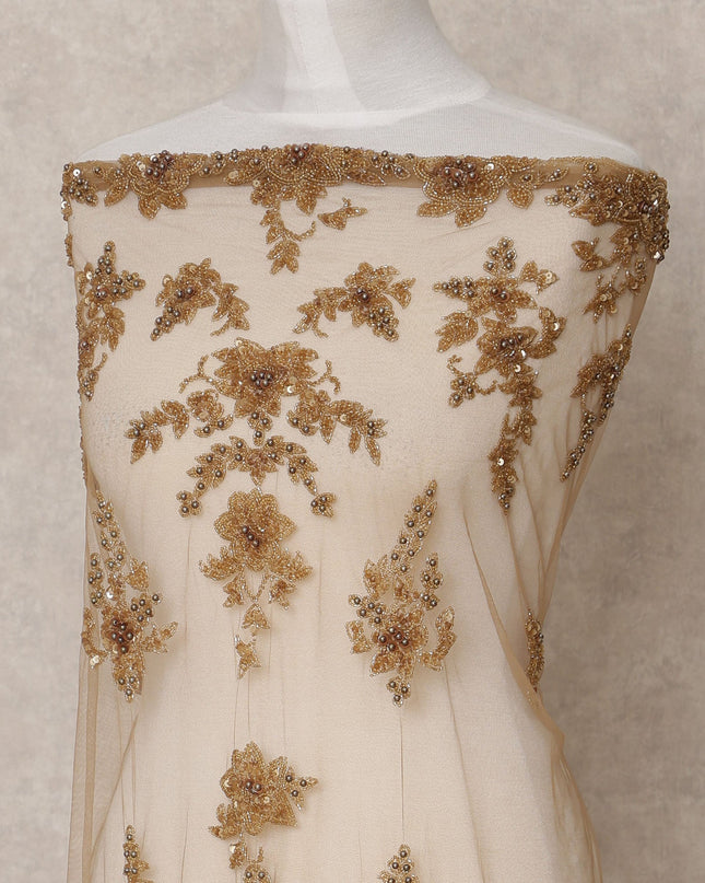 Ivory Nylon Tulle with Antique Gold Floral Embroidery, 140 cm Width, Made in India-D23511
