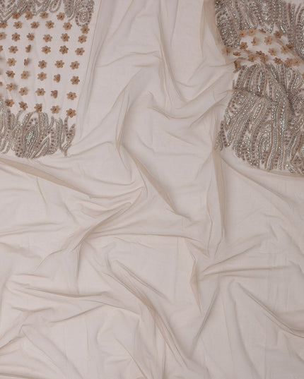 Beige Nylon Tulle with Sequined Paisley & 3D Floral Embroidery, 140 cm Width, Made in India-D23512