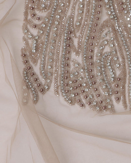 Beige Nylon Tulle with Sequined Paisley & 3D Floral Embroidery, 140 cm Width, Made in India-D23512