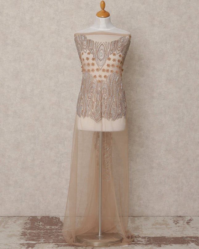 Beige Nylon Tulle with Sequined Paisley & 3D Floral Embroidery, 140 cm Width, Made in India-D23512