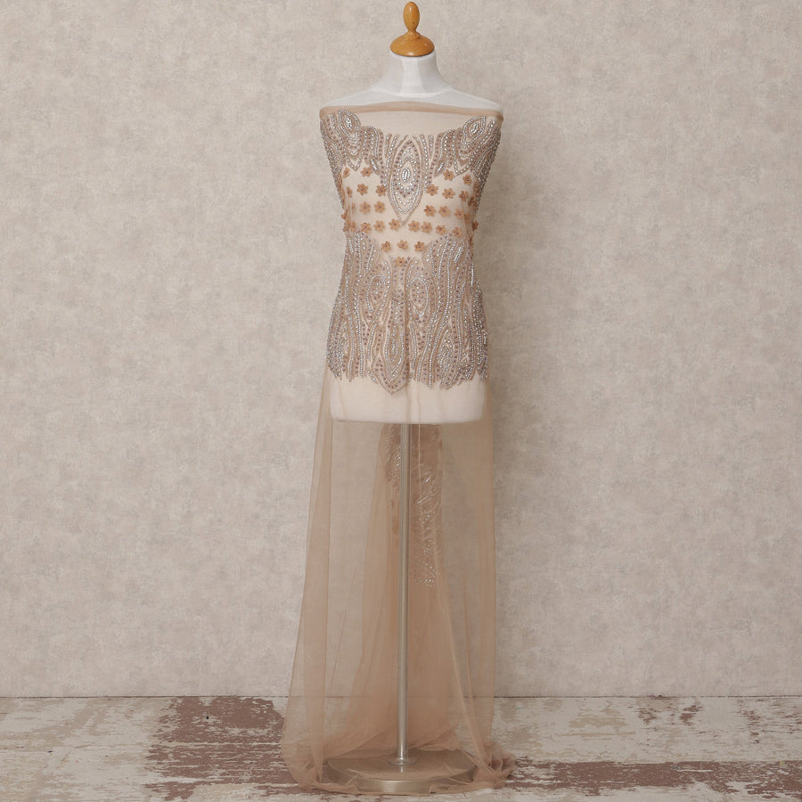 Beige Nylon Tulle with Sequined Paisley & 3D Floral Embroidery, 140 cm Width, Made in India-D23512