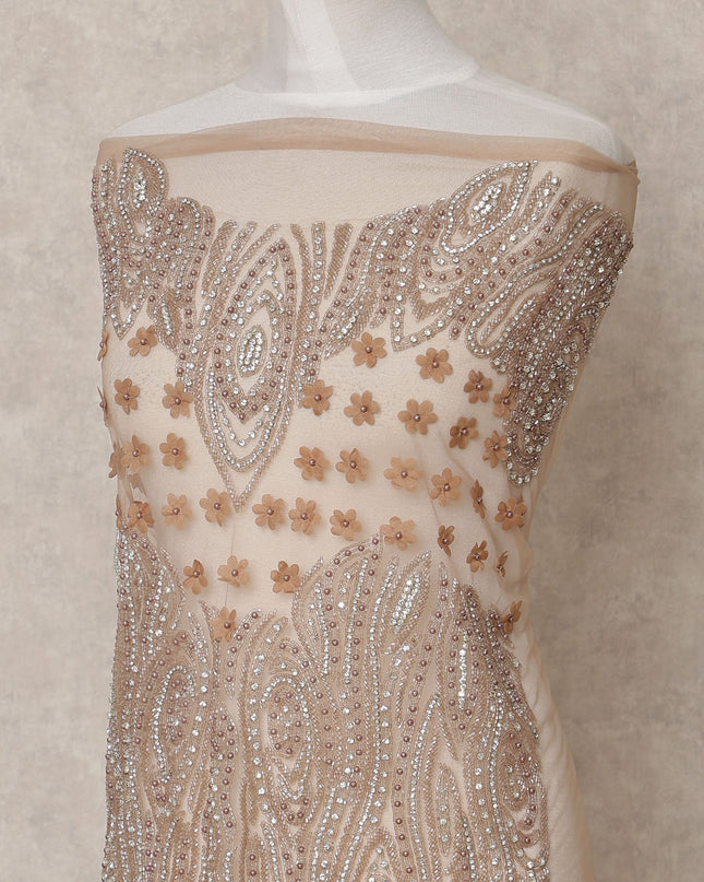 Beige Nylon Tulle with Sequined Paisley & 3D Floral Embroidery, 140 cm Width, Made in India-D23512