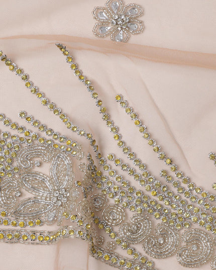 Blush Pink Nylon Tulle with Floral Sequin Motifs & Ornate Border, 140 cm Width, Made in India-D23513