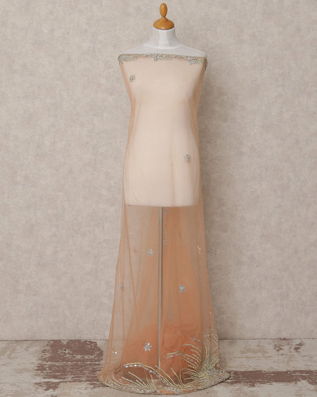 Blush Pink Nylon Tulle with Floral Sequin Motifs & Ornate Border, 140 cm Width, Made in India-D23513