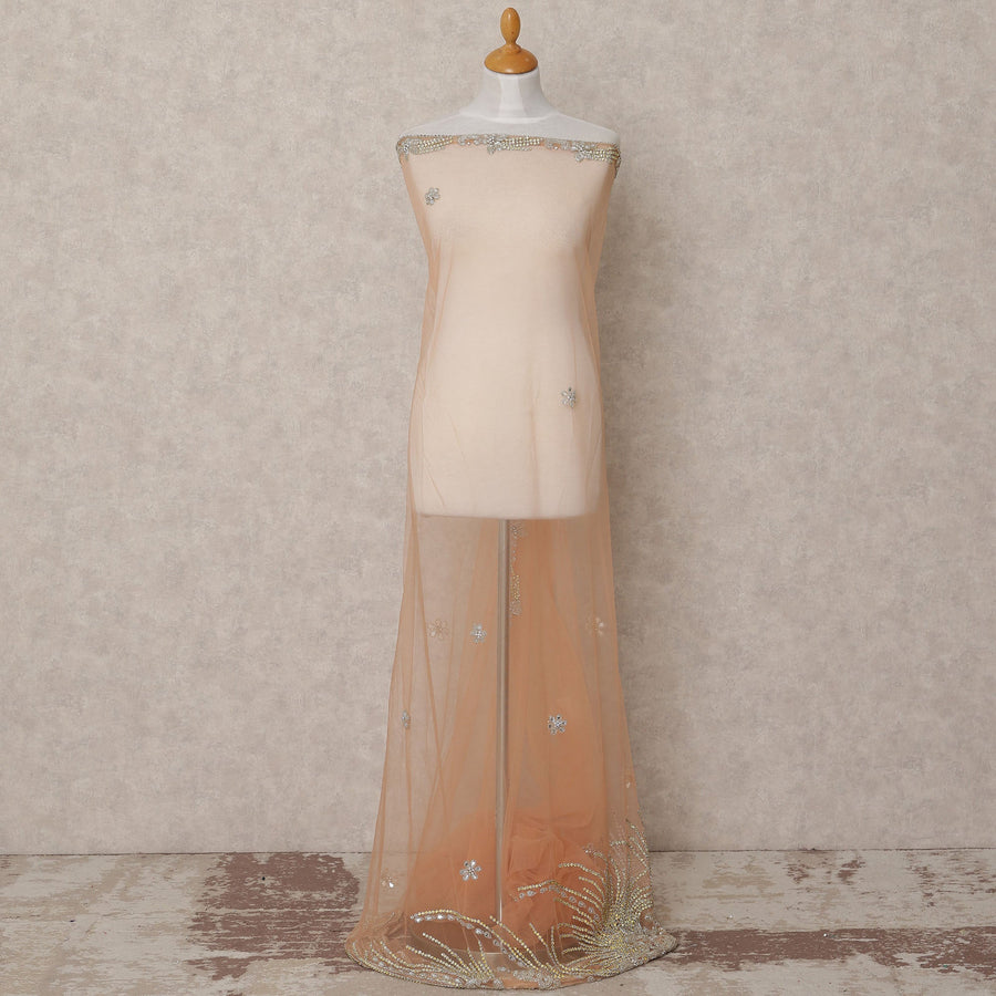 Blush Pink Nylon Tulle with Floral Sequin Motifs & Ornate Border, 140 cm Width, Made in India-D23513