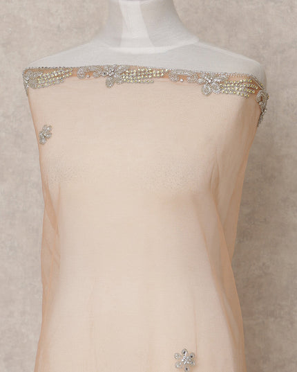 Blush Pink Nylon Tulle with Floral Sequin Motifs & Ornate Border, 140 cm Width, Made in India-D23513