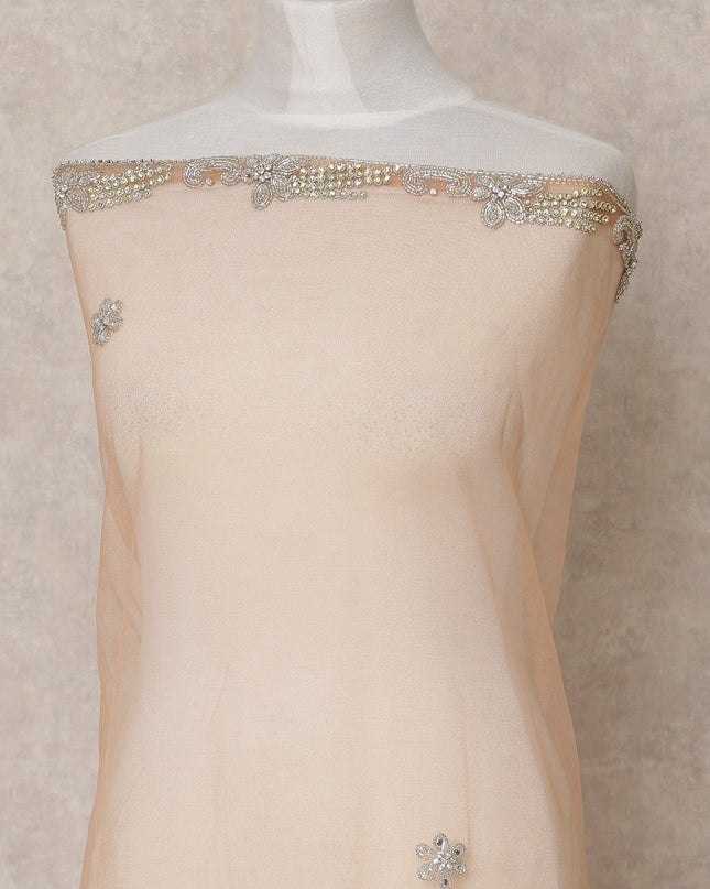 Blush Pink Nylon Tulle with Floral Sequin Motifs & Ornate Border, 140 cm Width, Made in India-D23513