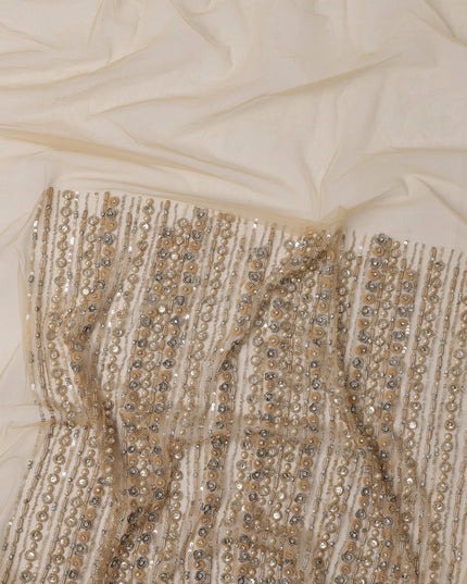 Beige Nylon Tulle with Vertical Sequin Lines & Mirror Work Embroidery, 140 cm Width, Made in India-D23514