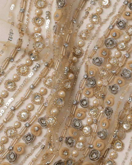 Beige Nylon Tulle with Vertical Sequin Lines & Mirror Work Embroidery, 140 cm Width, Made in India-D23514