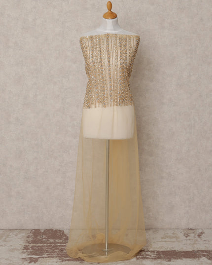 Beige Nylon Tulle with Vertical Sequin Lines & Mirror Work Embroidery, 140 cm Width, Made in India-D23514