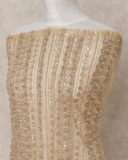 Beige Nylon Tulle with Vertical Sequin Lines & Mirror Work Embroidery, 140 cm Width, Made in India-D23514
