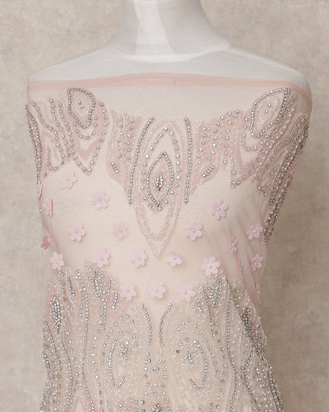 Blush Pink Nylon Tulle with Floral 3D Appliqué & Mirror Embroidery, 140 cm Width, Made in India-D23515