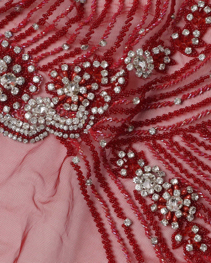 Wine Red Nylon Tulle with Radiating Sequin & Bead Embroidery, 140 cm Width, Made in India-D23516