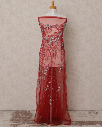 Wine Red Nylon Tulle with Radiating Sequin & Bead Embroidery, 140 cm Width, Made in India-D23516
