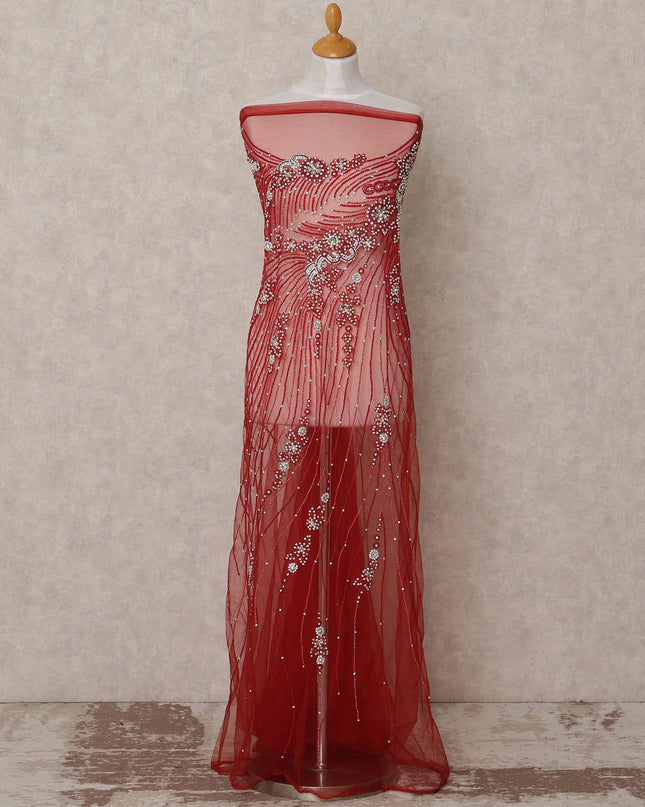 Wine Red Nylon Tulle with Radiating Sequin & Bead Embroidery, 140 cm Width, Made in India-D23516