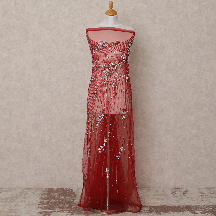 Wine Red Nylon Tulle with Radiating Sequin & Bead Embroidery, 140 cm Width, Made in India-D23516