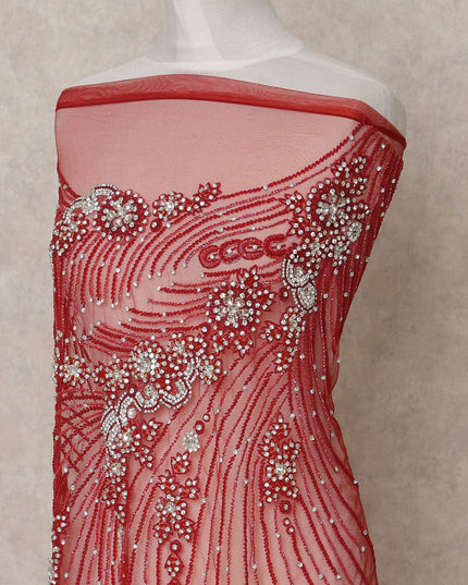 Wine Red Nylon Tulle with Radiating Sequin & Bead Embroidery, 140 cm Width, Made in India-D23516