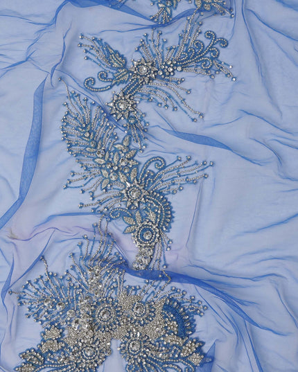 Royal Blue Nylon Tulle with Intricate Bead & Crystal Burst Embroidery, 140 cm Width, Made in India-D23517