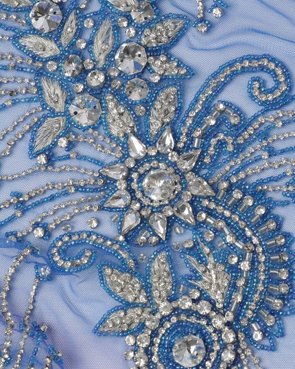 Royal Blue Nylon Tulle with Intricate Bead & Crystal Burst Embroidery, 140 cm Width, Made in India-D23517