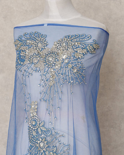 Royal Blue Nylon Tulle with Intricate Bead & Crystal Burst Embroidery, 140 cm Width, Made in India-D23517