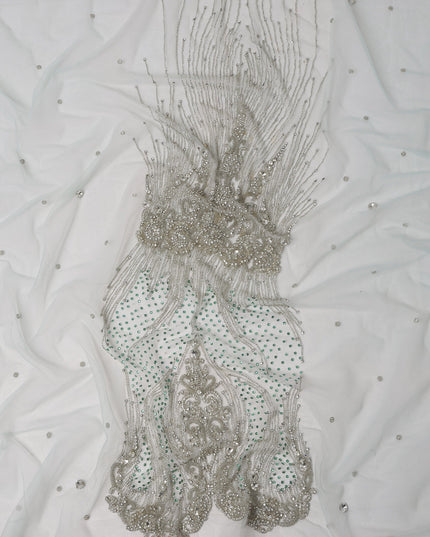 White Sequin and Bead Embroidered Nylon Tulle Fabric with Floral and Wave Pattern, 140 cm Width, Made in India – 3 Meter Cut-D23518