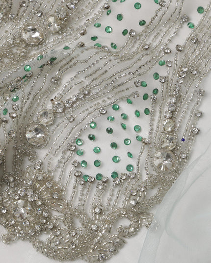 White Sequin and Bead Embroidered Nylon Tulle Fabric with Floral and Wave Pattern, 140 cm Width, Made in India – 3 Meter Cut-D23518