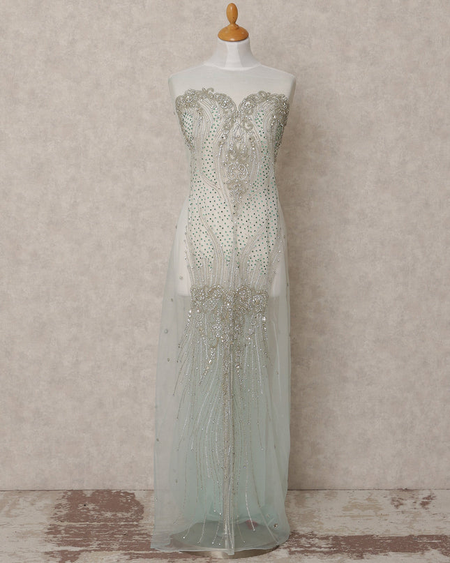 White Sequin and Bead Embroidered Nylon Tulle Fabric with Floral and Wave Pattern, 140 cm Width, Made in India – 3 Meter Cut-D23518