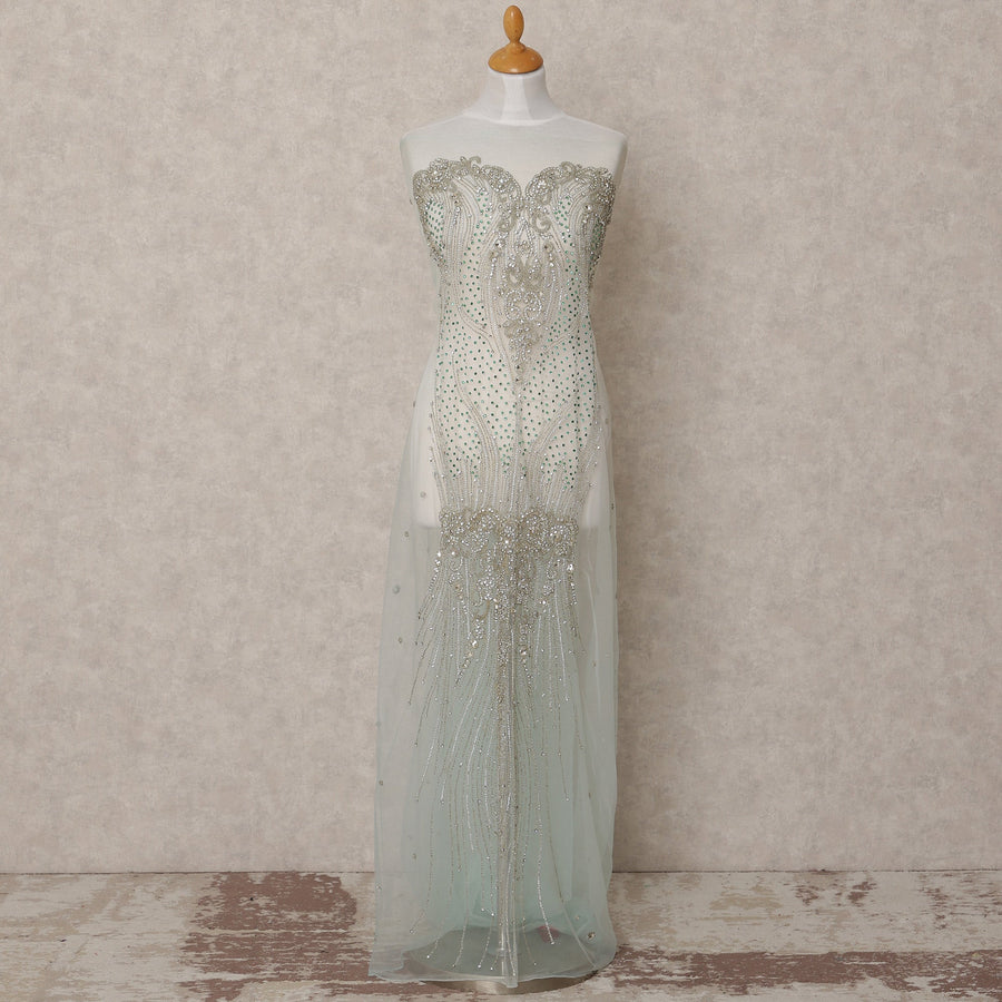 White Sequin and Bead Embroidered Nylon Tulle Fabric with Floral and Wave Pattern, 140 cm Width, Made in India – 3 Meter Cut-D23518