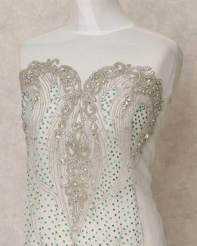 White Sequin and Bead Embroidered Nylon Tulle Fabric with Floral and Wave Pattern, 140 cm Width, Made in India – 3 Meter Cut-D23518