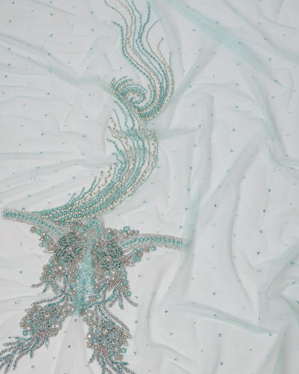 Aqua Blue Swirl and Floral Beaded Sequin Embroidered Nylon Tulle Fabric, 140 cm Width, Made in India – 3 Meter for Fustaann Dress-D23519