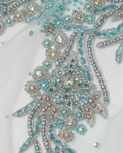 Aqua Blue Swirl and Floral Beaded Sequin Embroidered Nylon Tulle Fabric, 140 cm Width, Made in India – 3 Meter for Fustaann Dress-D23519