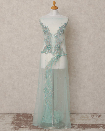 Aqua Blue Swirl and Floral Beaded Sequin Embroidered Nylon Tulle Fabric, 140 cm Width, Made in India – 3 Meter for Fustaann Dress-D23519