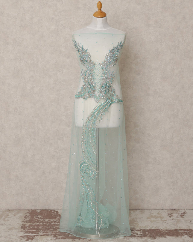 Aqua Blue Swirl and Floral Beaded Sequin Embroidered Nylon Tulle Fabric, 140 cm Width, Made in India – 3 Meter for Fustaann Dress-D23519