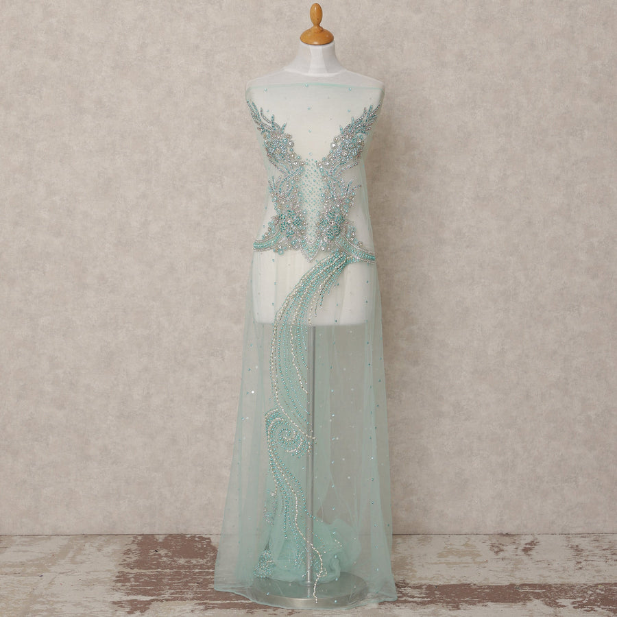 Aqua Blue Swirl and Floral Beaded Sequin Embroidered Nylon Tulle Fabric, 140 cm Width, Made in India – 3 Meter for Fustaann Dress-D23519