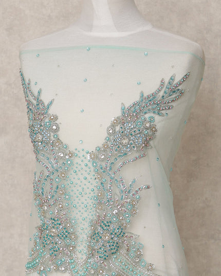 Aqua Blue Swirl and Floral Beaded Sequin Embroidered Nylon Tulle Fabric, 140 cm Width, Made in India – 3 Meter for Fustaann Dress-D23519