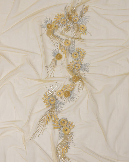 Beige Floral Sequin and Thread Embroidered Nylon Tulle Fabric, 140 cm Width, Made in India – 3 Meter for Fustaann Dress-D23520