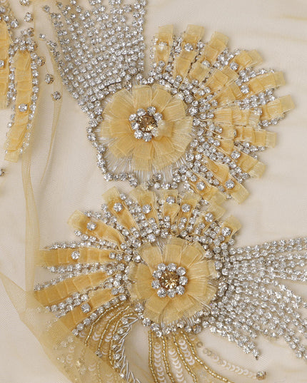 Beige Floral Sequin and Thread Embroidered Nylon Tulle Fabric, 140 cm Width, Made in India – 3 Meter for Fustaann Dress-D23520