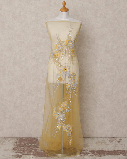 Beige Floral Sequin and Thread Embroidered Nylon Tulle Fabric, 140 cm Width, Made in India – 3 Meter for Fustaann Dress-D23520