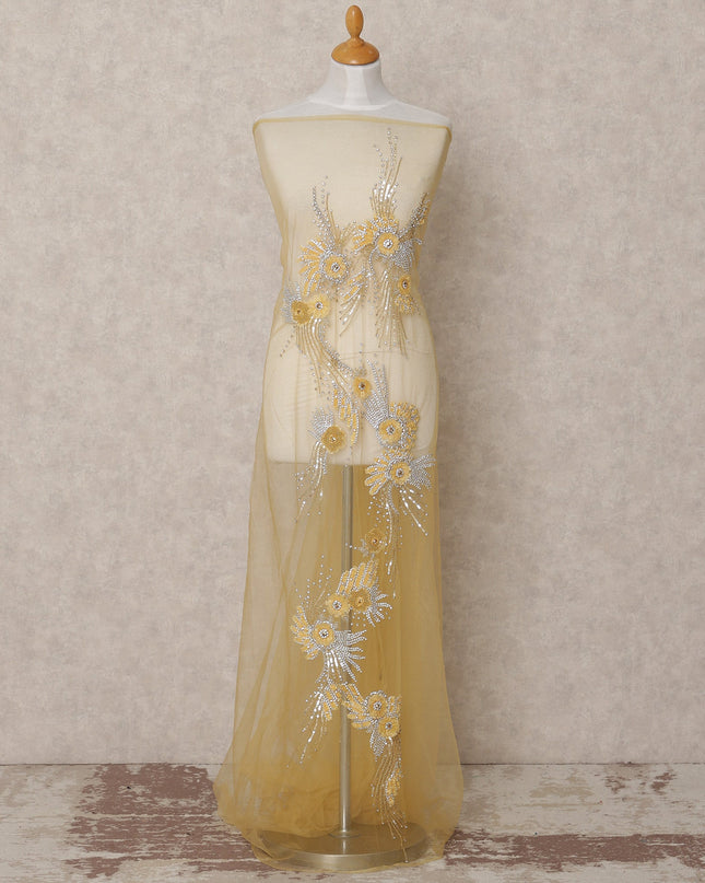 Beige Floral Sequin and Thread Embroidered Nylon Tulle Fabric, 140 cm Width, Made in India – 3 Meter for Fustaann Dress-D23520