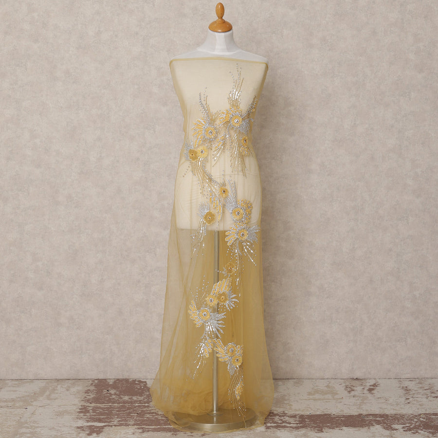 Beige Floral Sequin and Thread Embroidered Nylon Tulle Fabric, 140 cm Width, Made in India – 3 Meter for Fustaann Dress-D23520