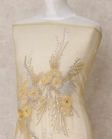 Beige Floral Sequin and Thread Embroidered Nylon Tulle Fabric, 140 cm Width, Made in India – 3 Meter for Fustaann Dress-D23520