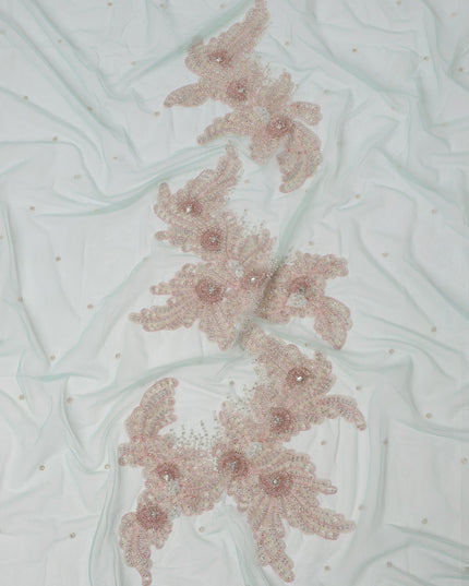 Pastel Mint Floral Sequin and Bead Embroidered Nylon Tulle Fabric, 140 cm Width, Made in India – 3 Meter for Fustaann Dress-D23521