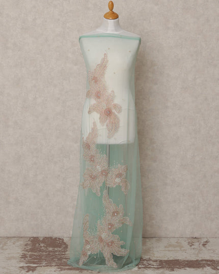 Pastel Mint Floral Sequin and Bead Embroidered Nylon Tulle Fabric, 140 cm Width, Made in India – 3 Meter for Fustaann Dress-D23521